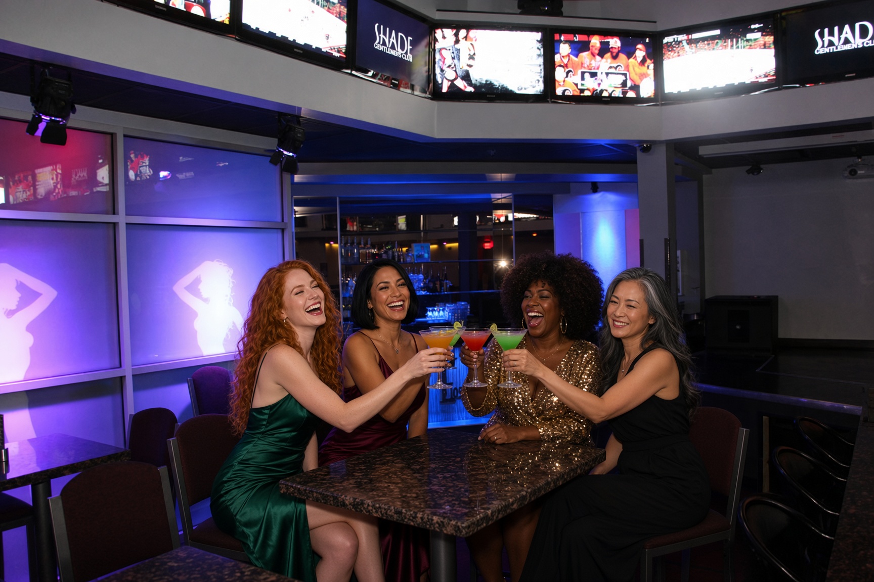 Four women toasting cocktails at a lounge table inside Shade Gentlemen's Club in downtown Edmonton