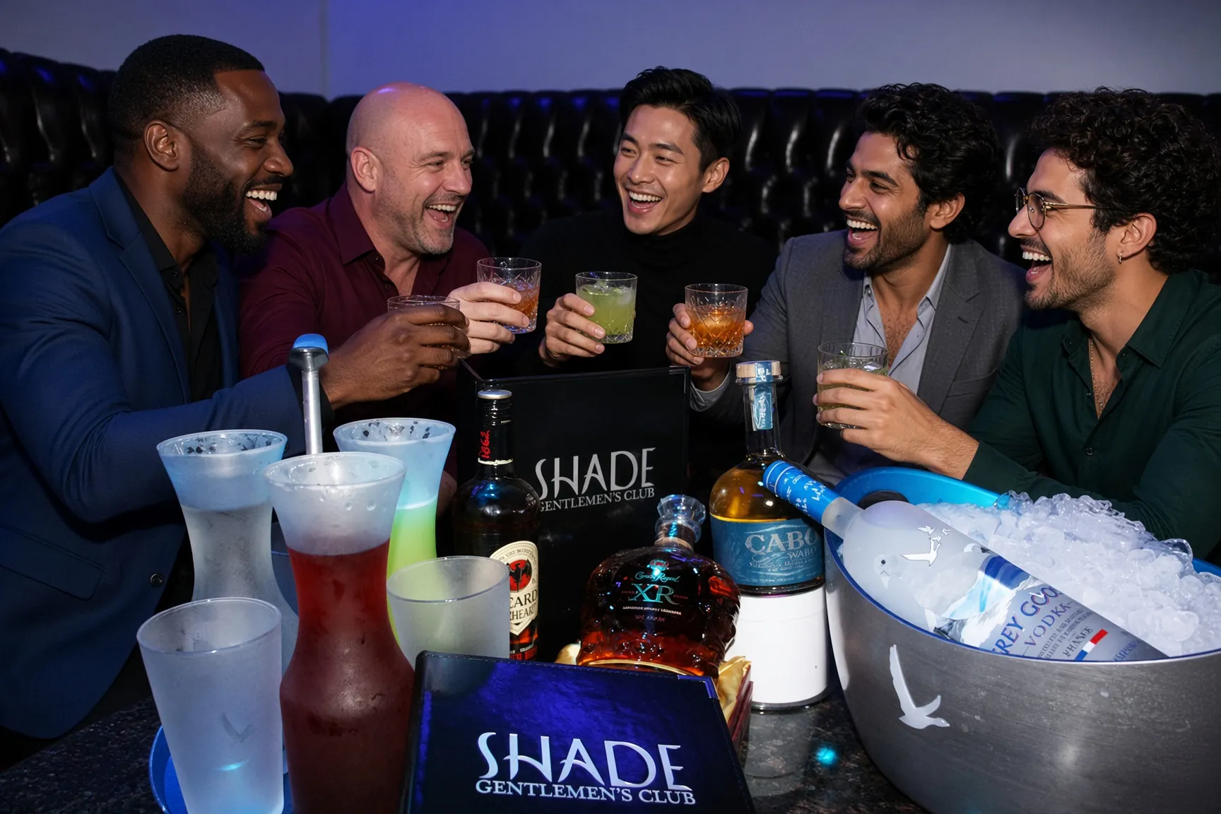 Five friends in blazers raising a toast around a bottle-service booth at Shade Gentlemen's Club in downtown Edmonton